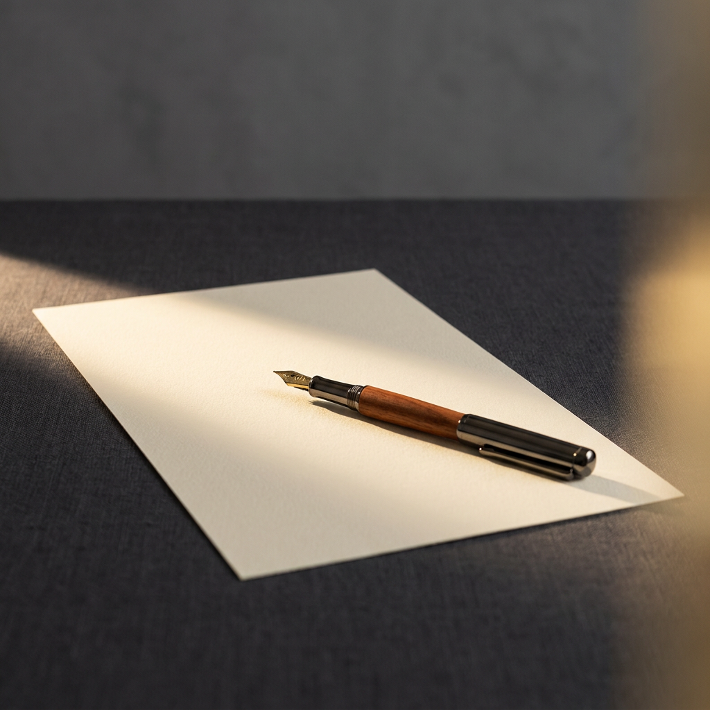 A fountain pen resting on a blank sheet of paper, representing resume and profile foundation work