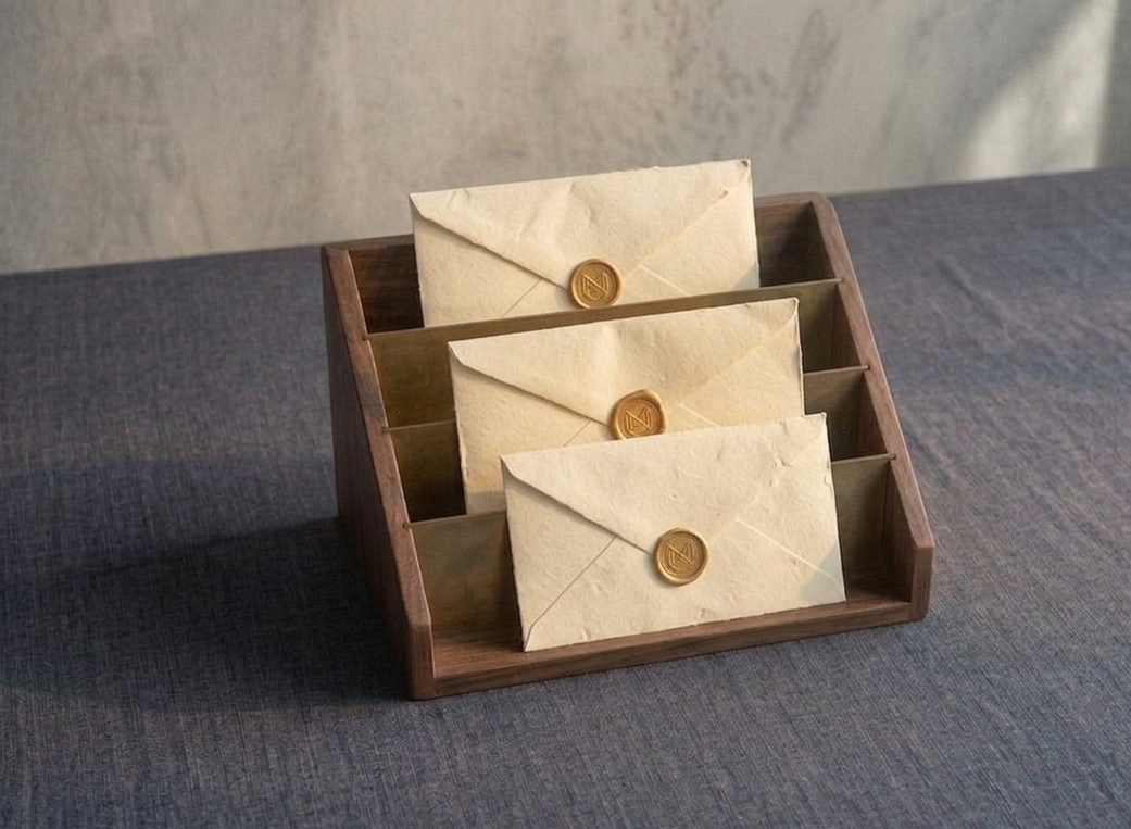 A tiered wooden tray holding sealed envelopes, representing a managed opportunity pipeline